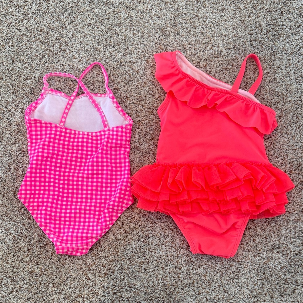 Girls' Pink Gingham & Coral Ruffle One-Piece Swimsuits - Set of 2 - Picture 2 of 4